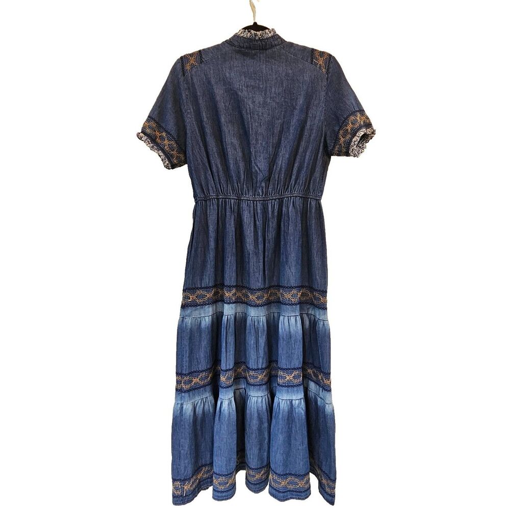 Lapis Anthropologie Blue Denim Dress Sz L Tiered Boho Cowgirl Prairie Western - Picture 2 of 10